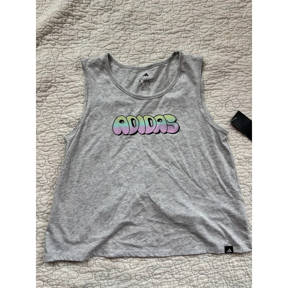 Adidas Girls XL 16 Gray Tank Top Rainbow Bubble Logo Split Back Sleeveless Shirt
